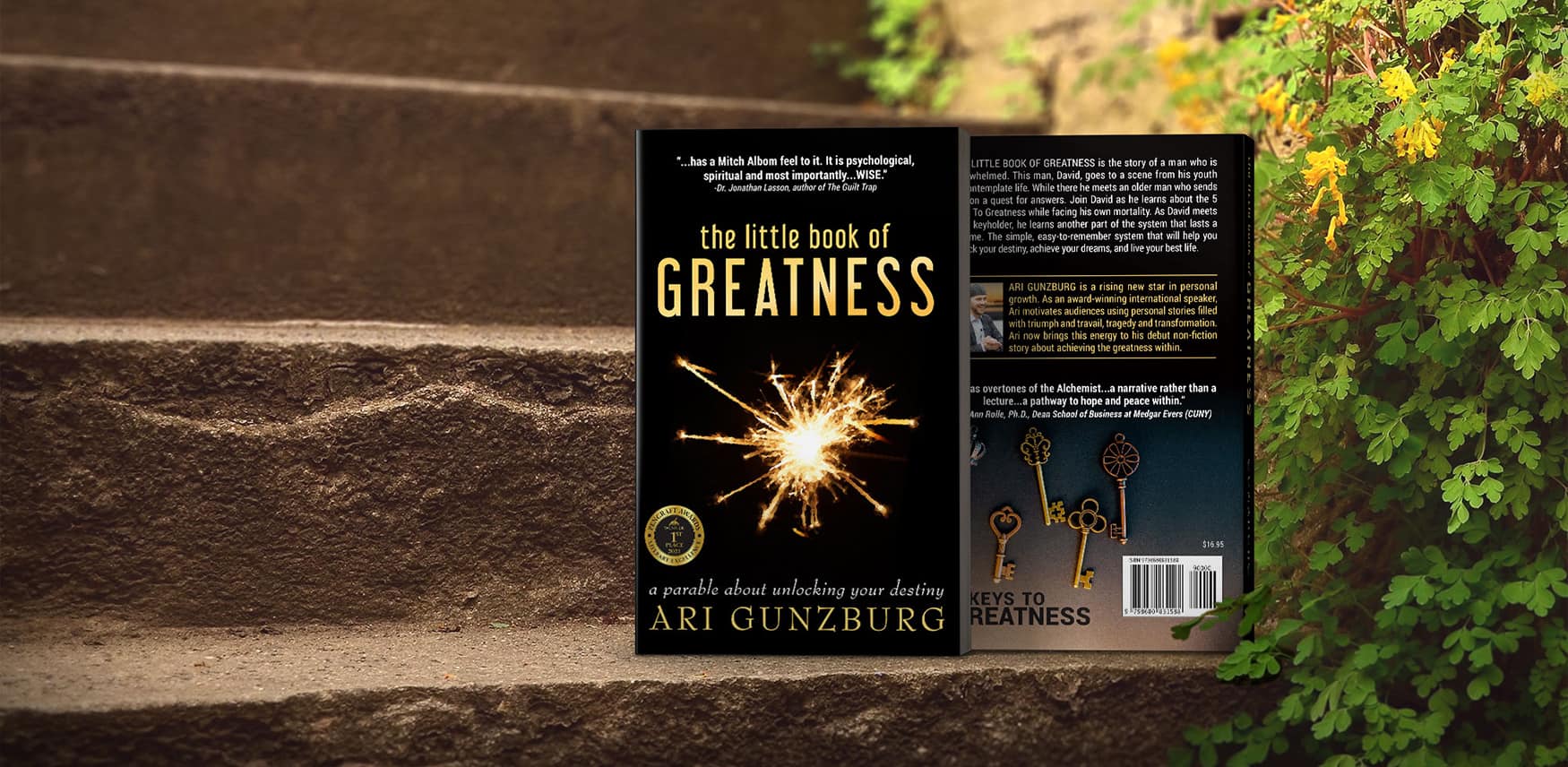 Book 3 Ari Gunzburg's Little Book of Greatness displayed on stairs